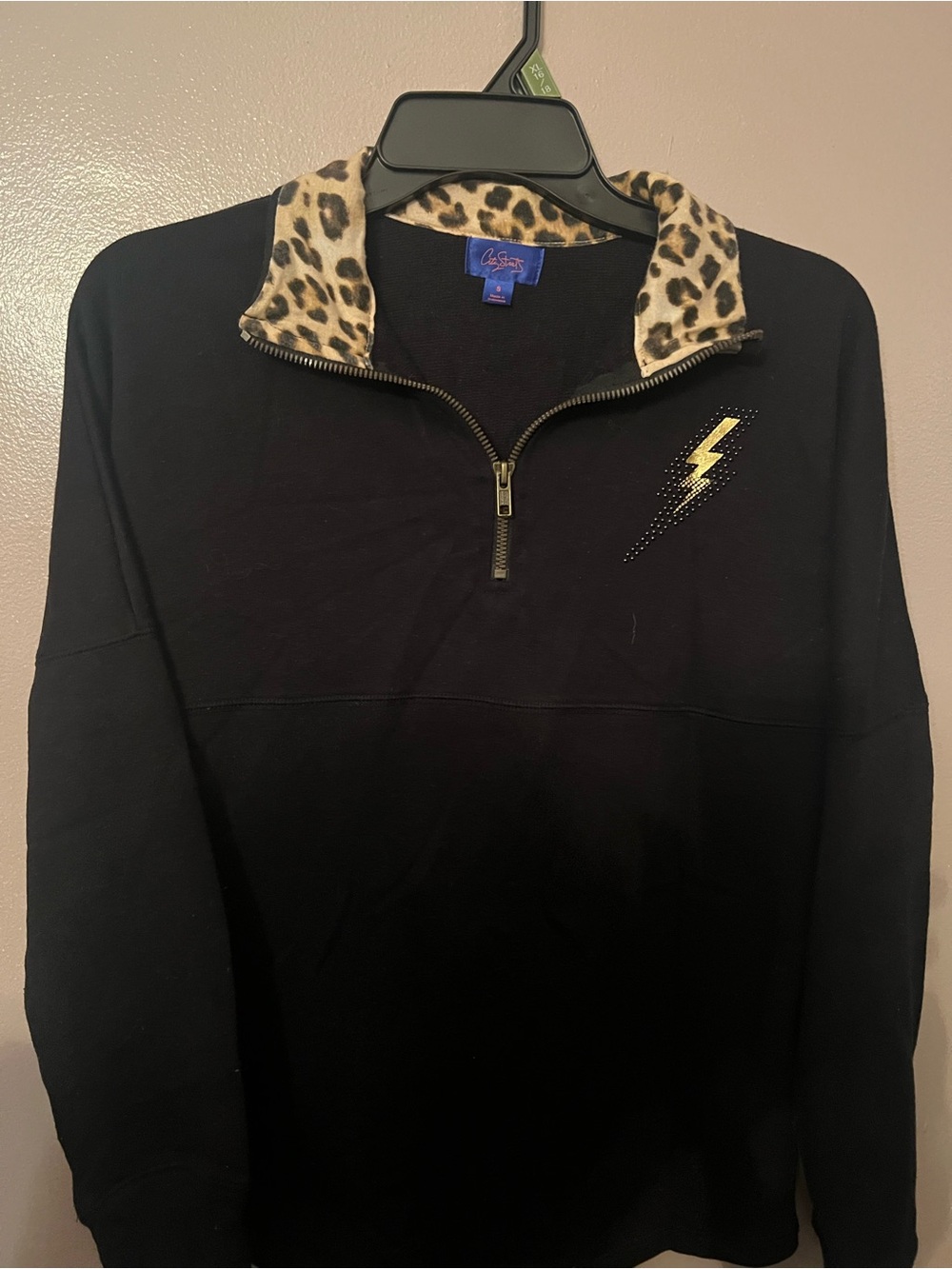 Crown & Ivy Black Quarter-Zip Sweater with Leopard Collar and Lightning Accent